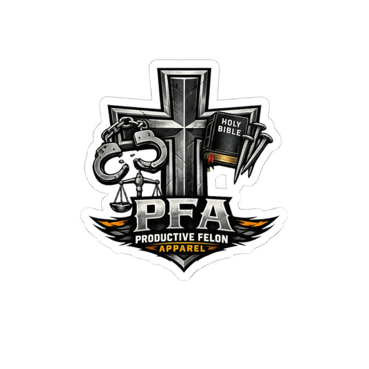 Productive Felon Apparel Sticker — Religious Cross, Handcuffs & Holy Bible Kiss-Cut Sticker