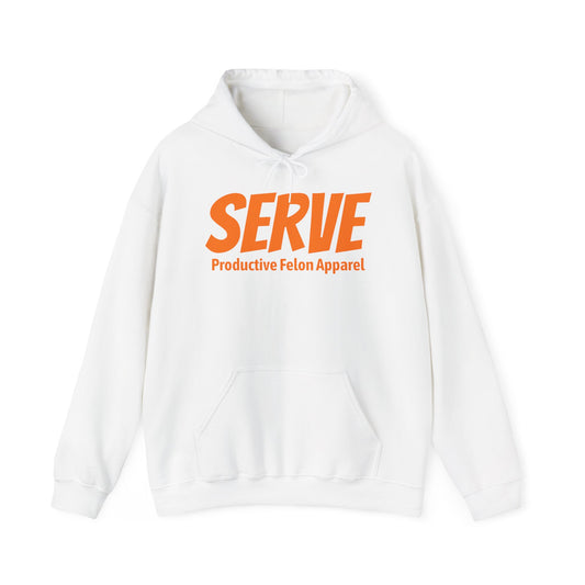 Serve Hoodie — "SERVE" Orange Text Christian Inspirational Sweatshirt (Galatians 5:13 Back)