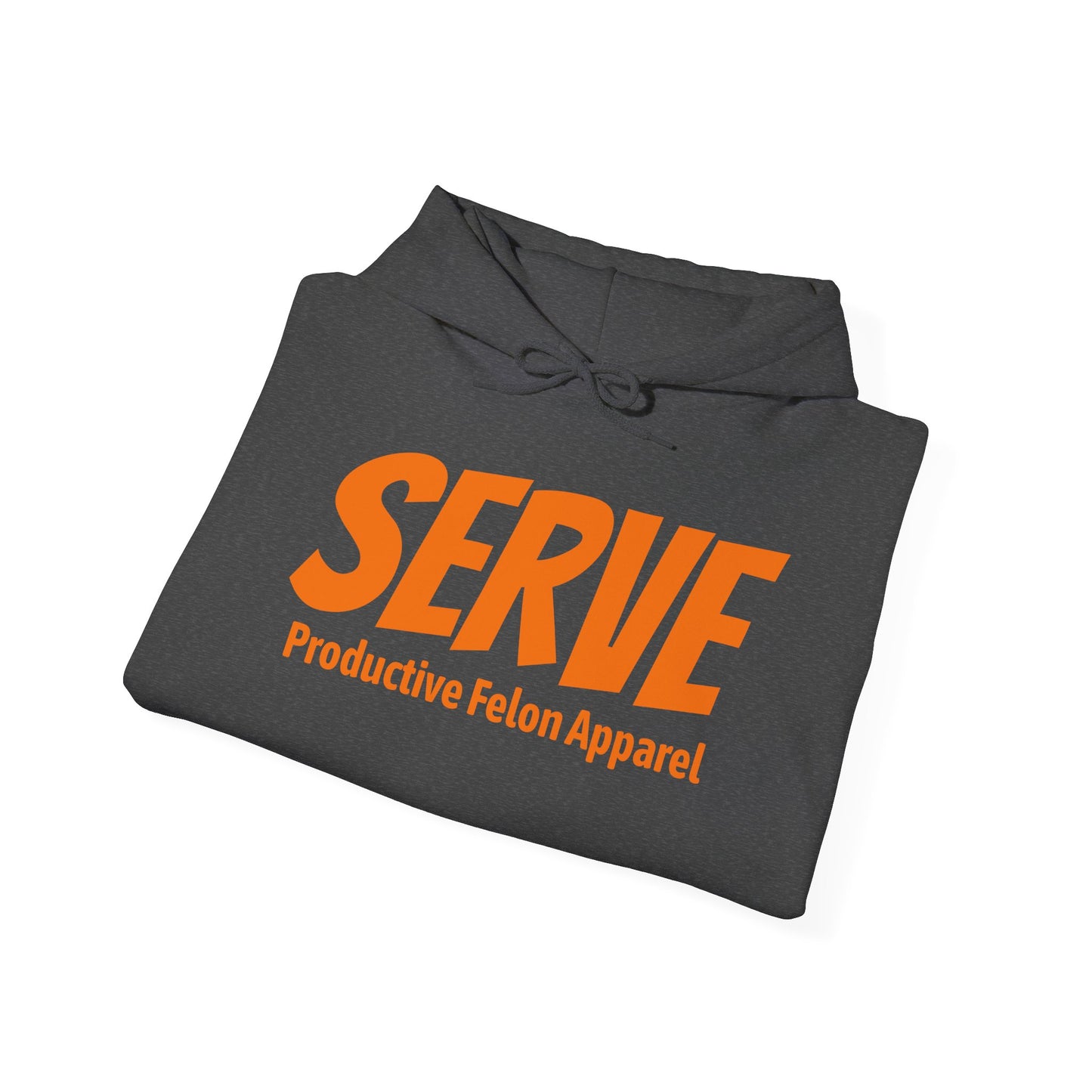 Serve Hoodie — "SERVE" Orange Text Christian Inspirational Sweatshirt (Galatians 5:13 Back)
