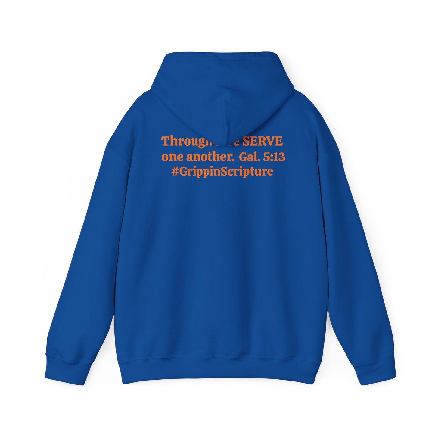 Serve Hoodie — "SERVE" Orange Text Christian Inspirational Sweatshirt (Galatians 5:13 Back)
