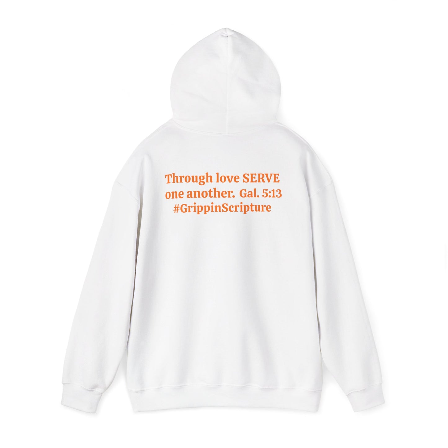 Serve Hoodie — "SERVE" Orange Text Christian Inspirational Sweatshirt (Galatians 5:13 Back)
