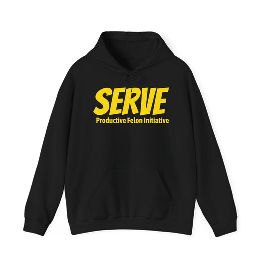 YINZER version of Serve Hoodie — "SERVE" Yellow Text Christian Inspirational Sweatshirt (Galatians 5:13 Back)