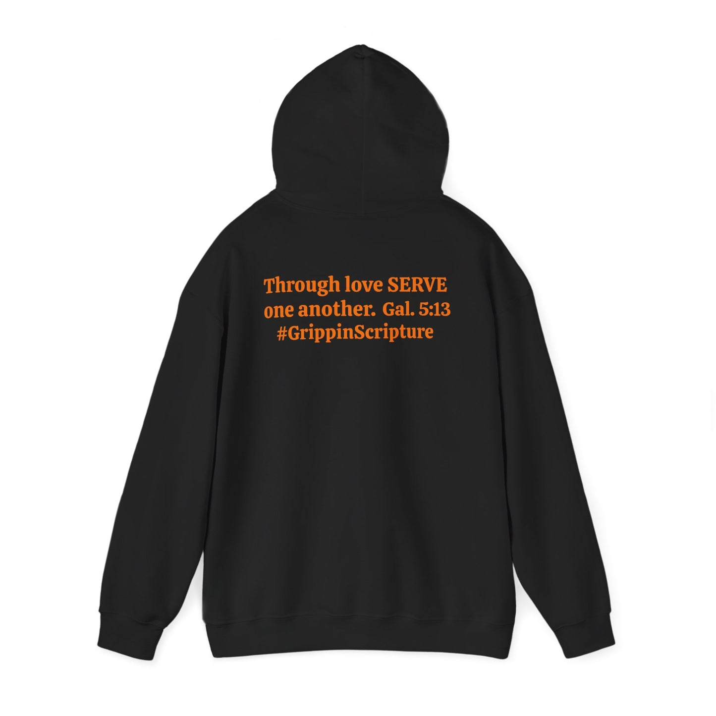 Serve Hoodie — "SERVE" Orange Text Christian Inspirational Sweatshirt (Galatians 5:13 Back)