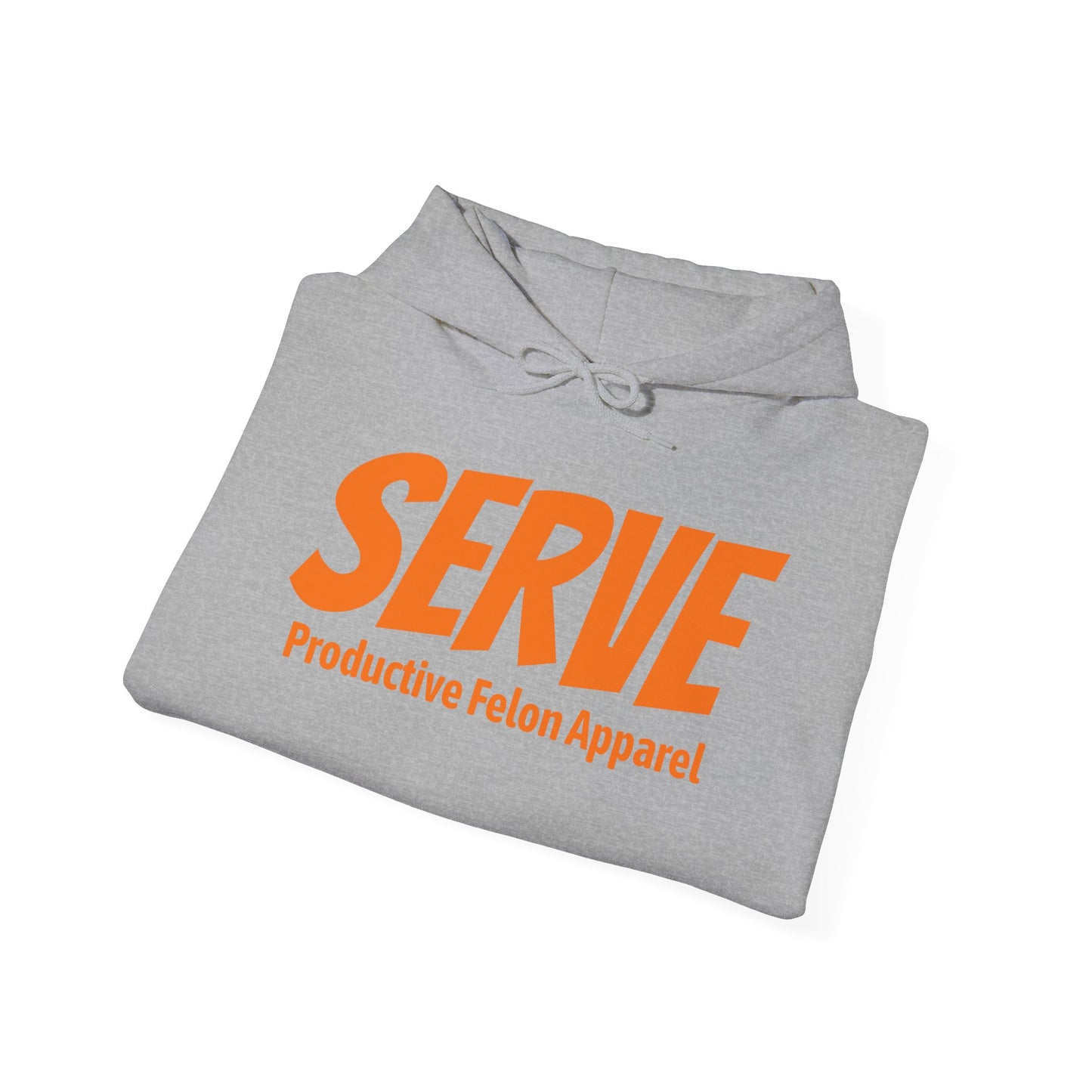 Serve Hoodie — "SERVE" Orange Text Christian Inspirational Sweatshirt (Galatians 5:13 Back)