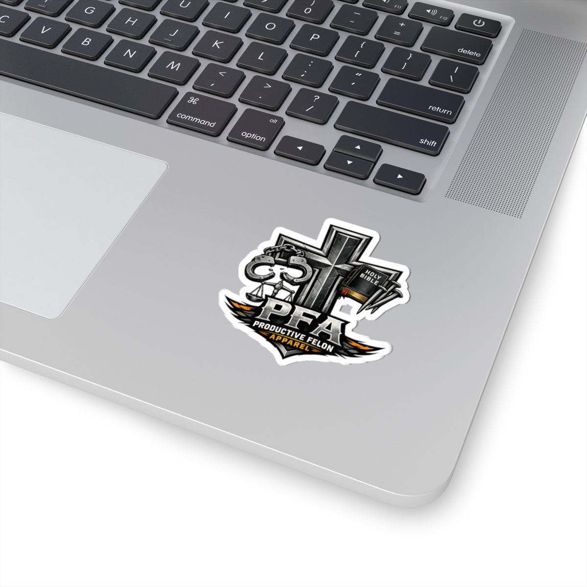 Productive Felon Apparel Sticker — Religious Cross, Handcuffs & Holy Bible Kiss-Cut Sticker