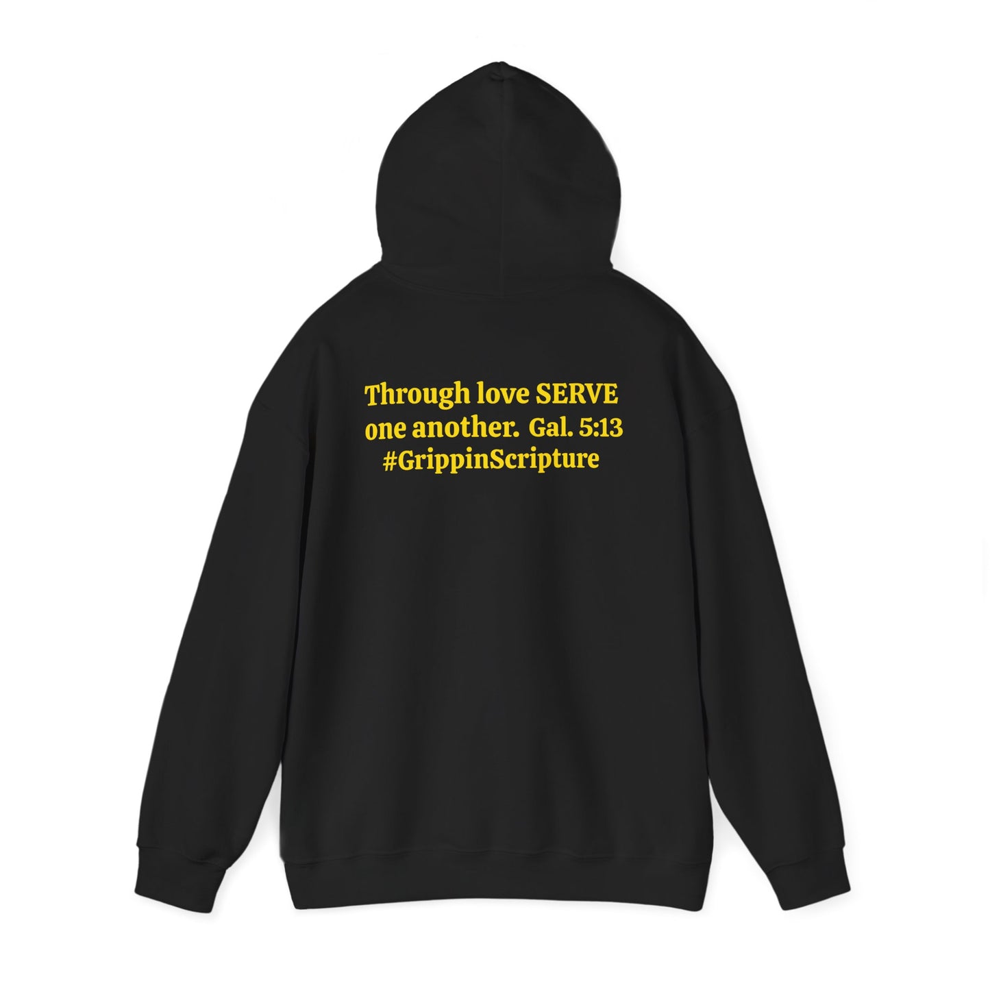 YINZER version of Serve Hoodie — "SERVE" Yellow Text Christian Inspirational Sweatshirt (Galatians 5:13 Back)