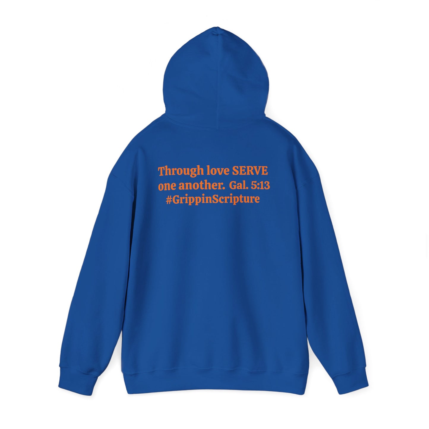 Serve Hoodie — "SERVE" Orange Text Christian Inspirational Sweatshirt (Galatians 5:13 Back)