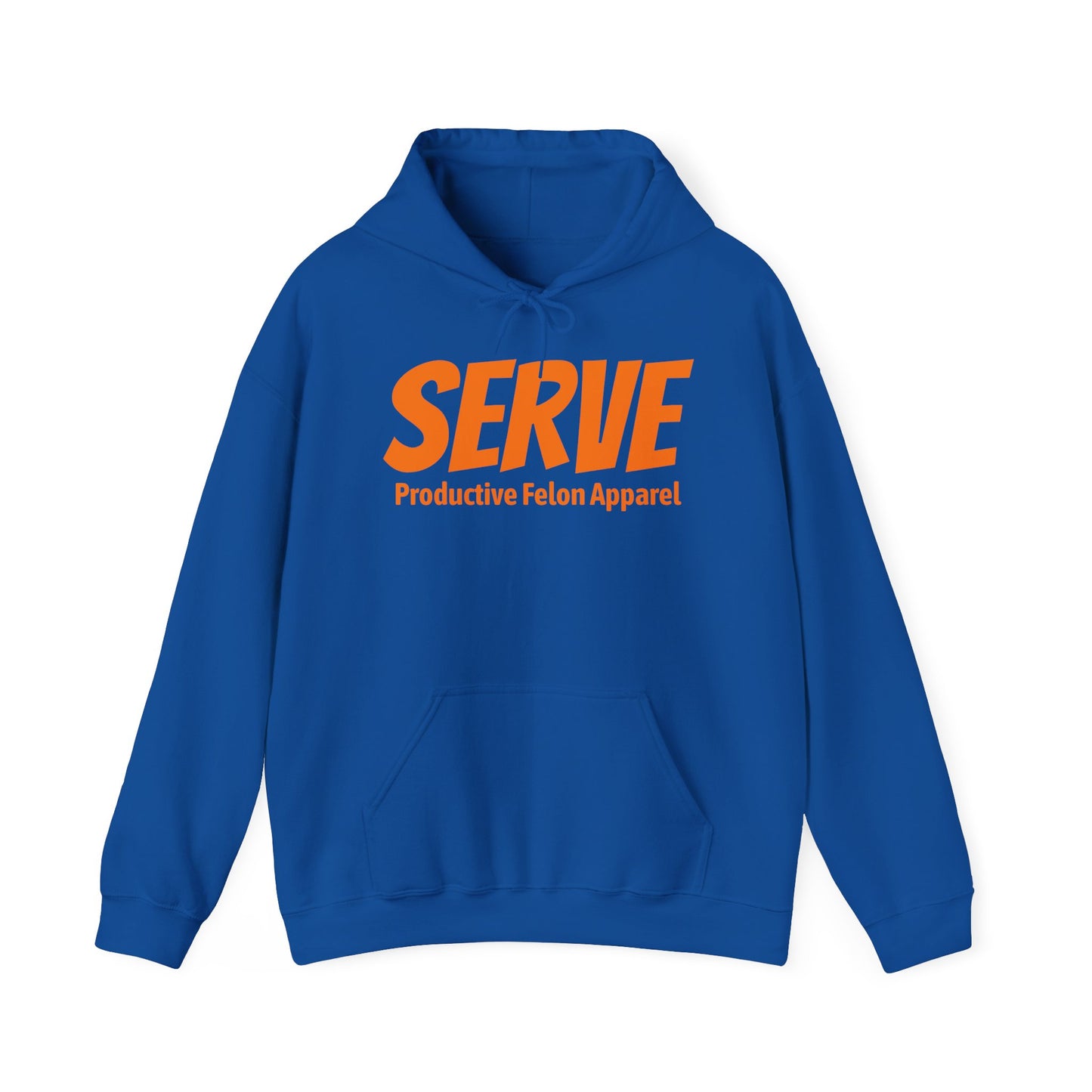 Serve Hoodie — "SERVE" Orange Text Christian Inspirational Sweatshirt (Galatians 5:13 Back)