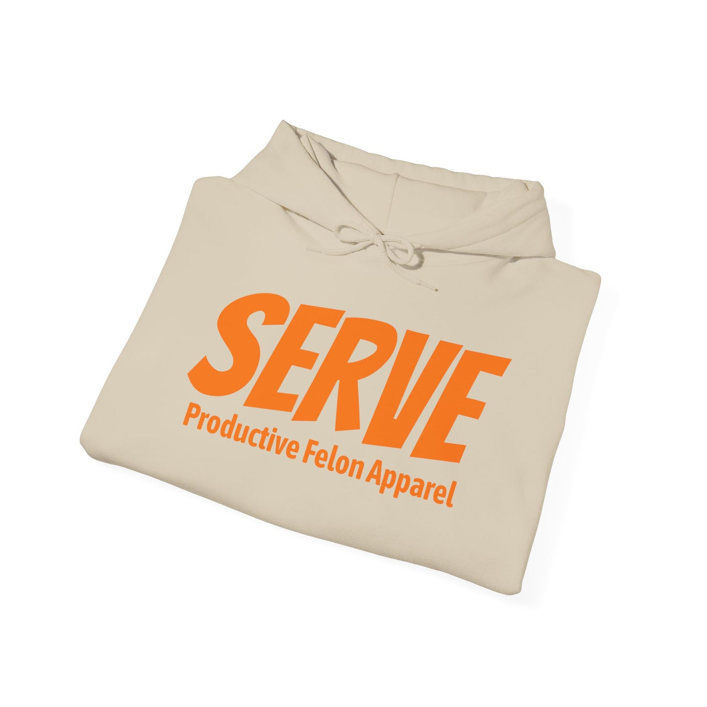 Serve Hoodie — "SERVE" Orange Text Christian Inspirational Sweatshirt (Galatians 5:13 Back)