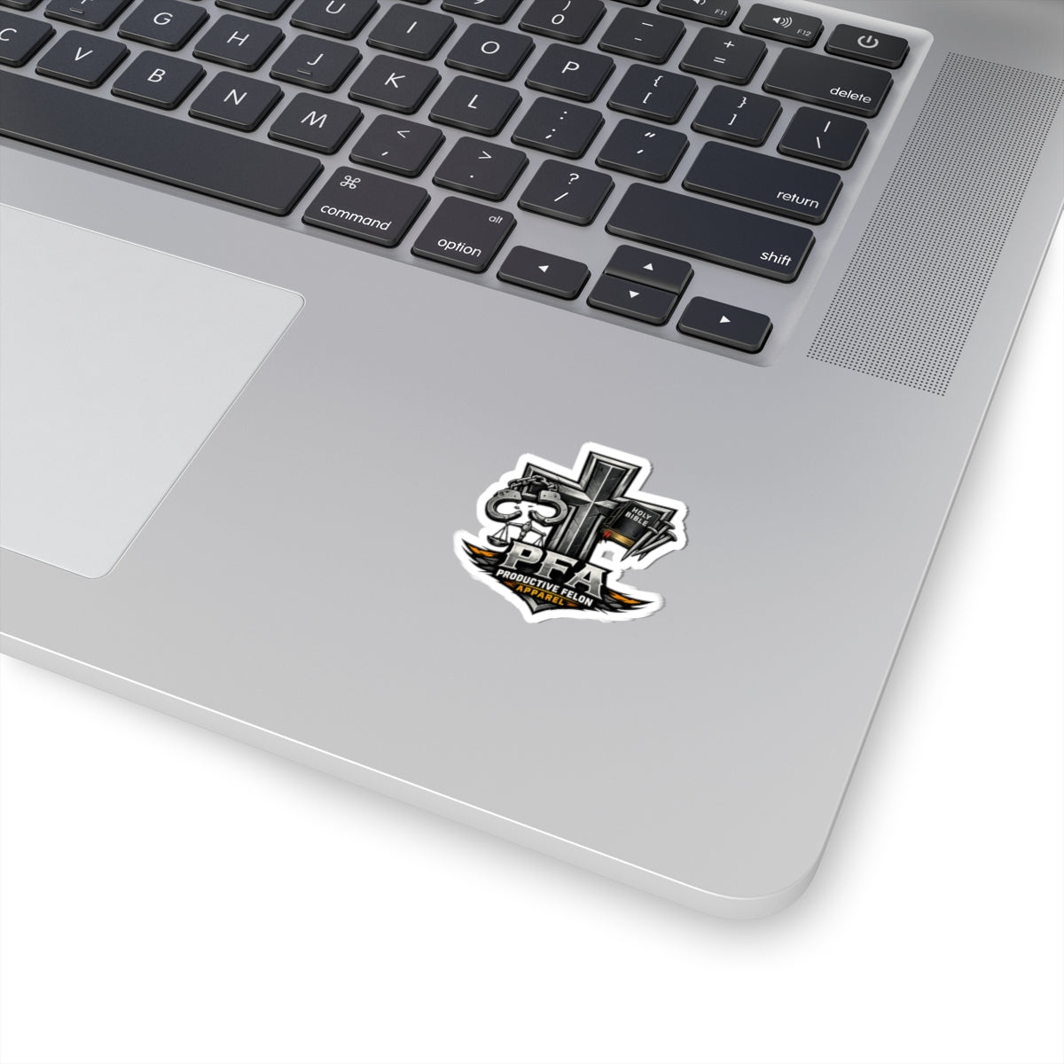Productive Felon Apparel Sticker — Religious Cross, Handcuffs & Holy Bible Kiss-Cut Sticker