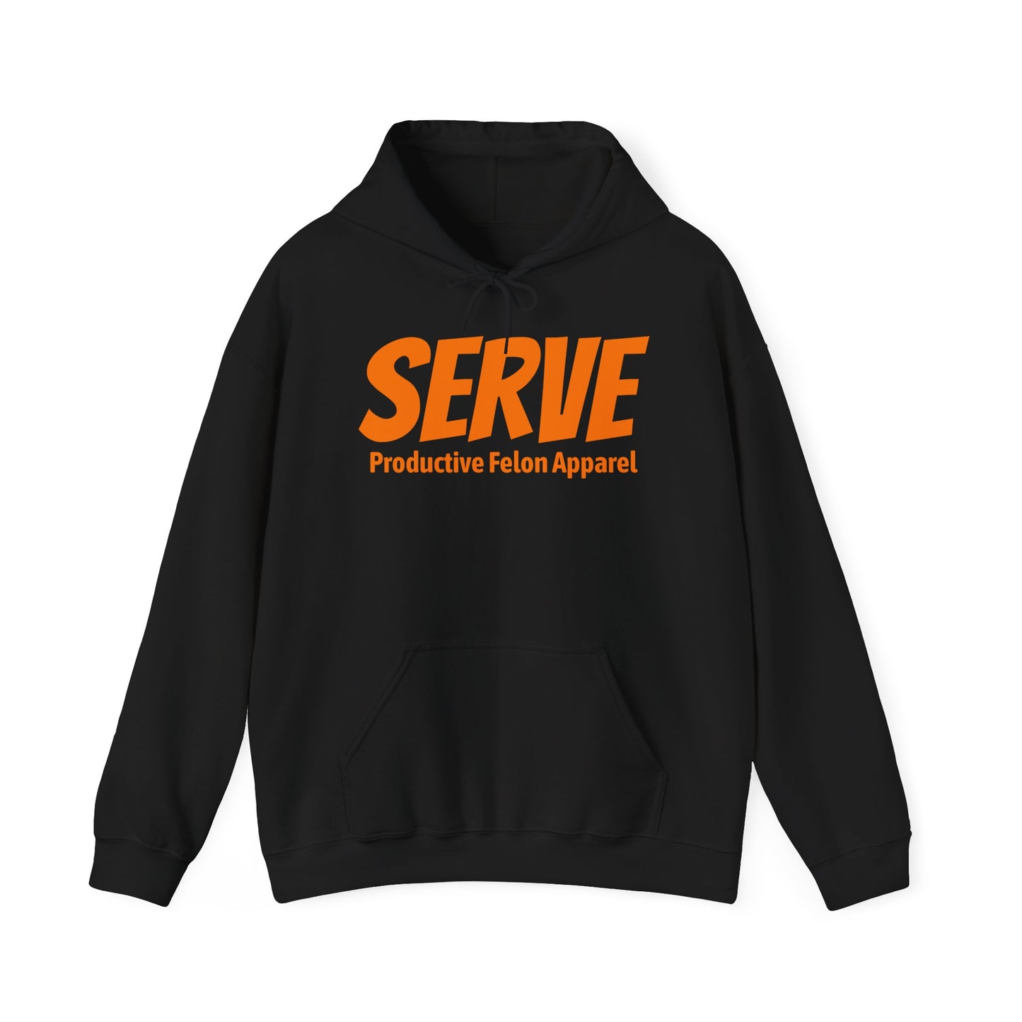 Serve Hoodie — "SERVE" Orange Text Christian Inspirational Sweatshirt (Galatians 5:13 Back)