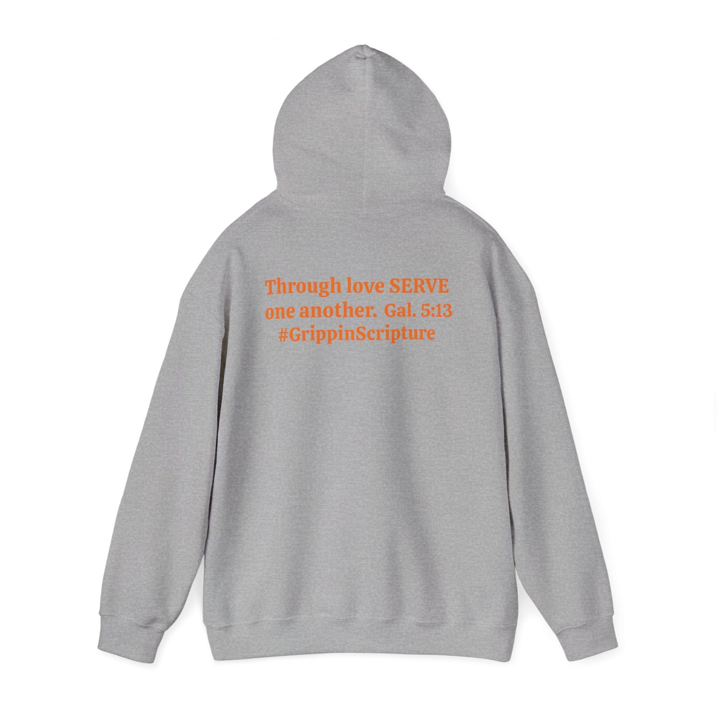 Serve Hoodie — "SERVE" Orange Text Christian Inspirational Sweatshirt (Galatians 5:13 Back)