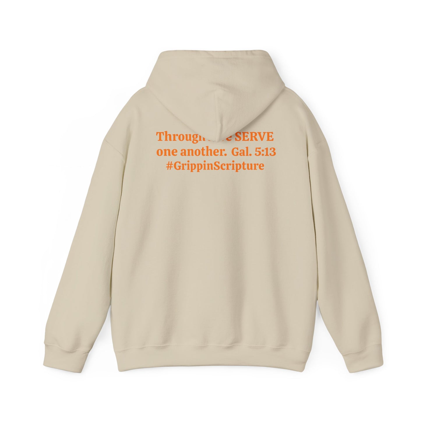 Serve Hoodie — "SERVE" Orange Text Christian Inspirational Sweatshirt (Galatians 5:13 Back)