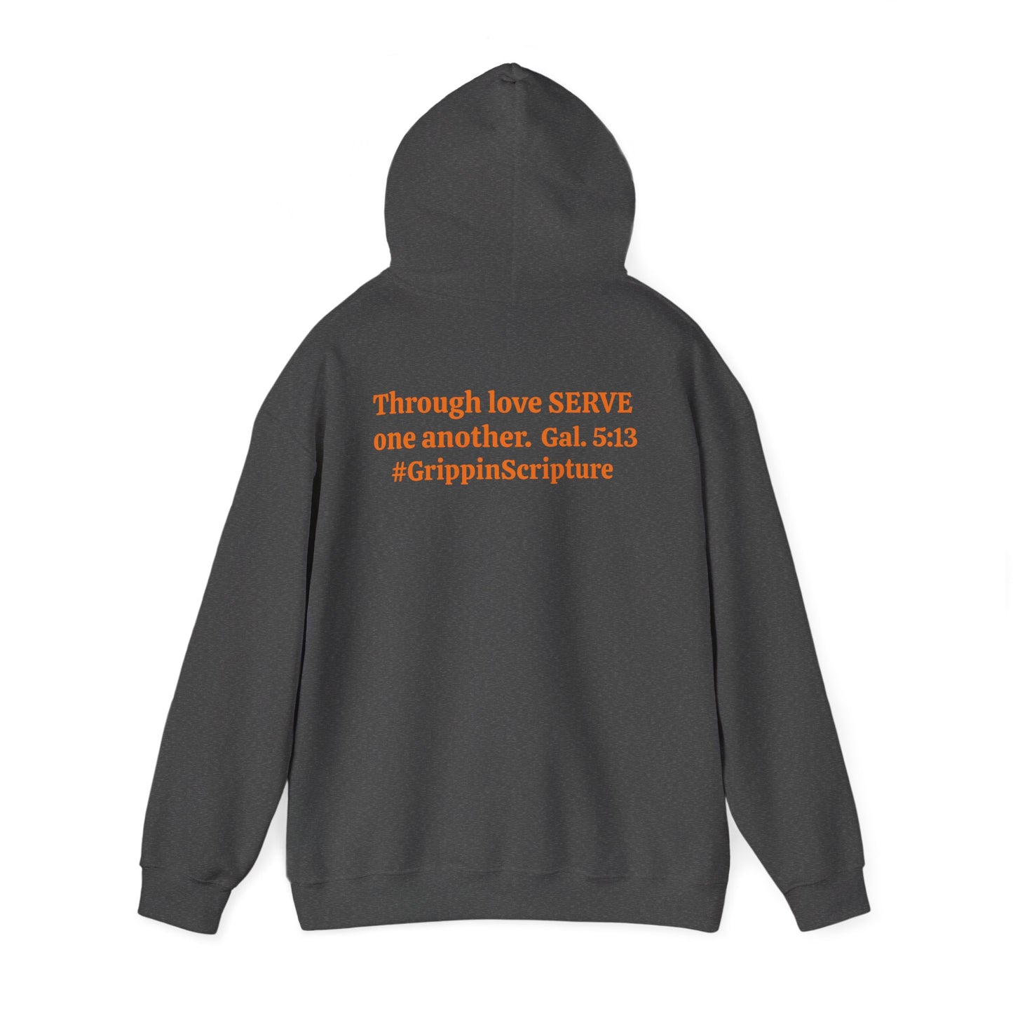 Serve Hoodie — "SERVE" Orange Text Christian Inspirational Sweatshirt (Galatians 5:13 Back)