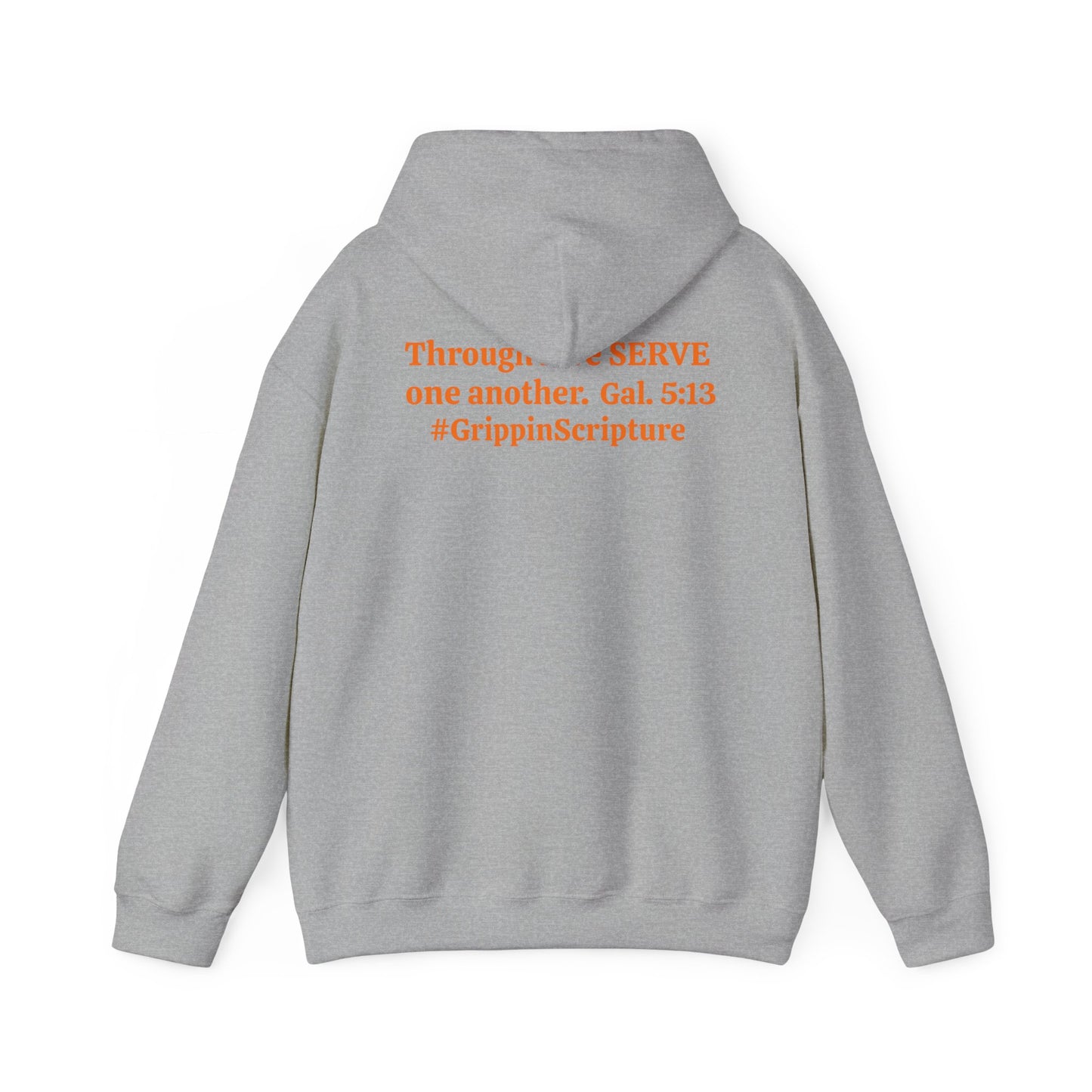 Serve Hoodie — "SERVE" Orange Text Christian Inspirational Sweatshirt (Galatians 5:13 Back)