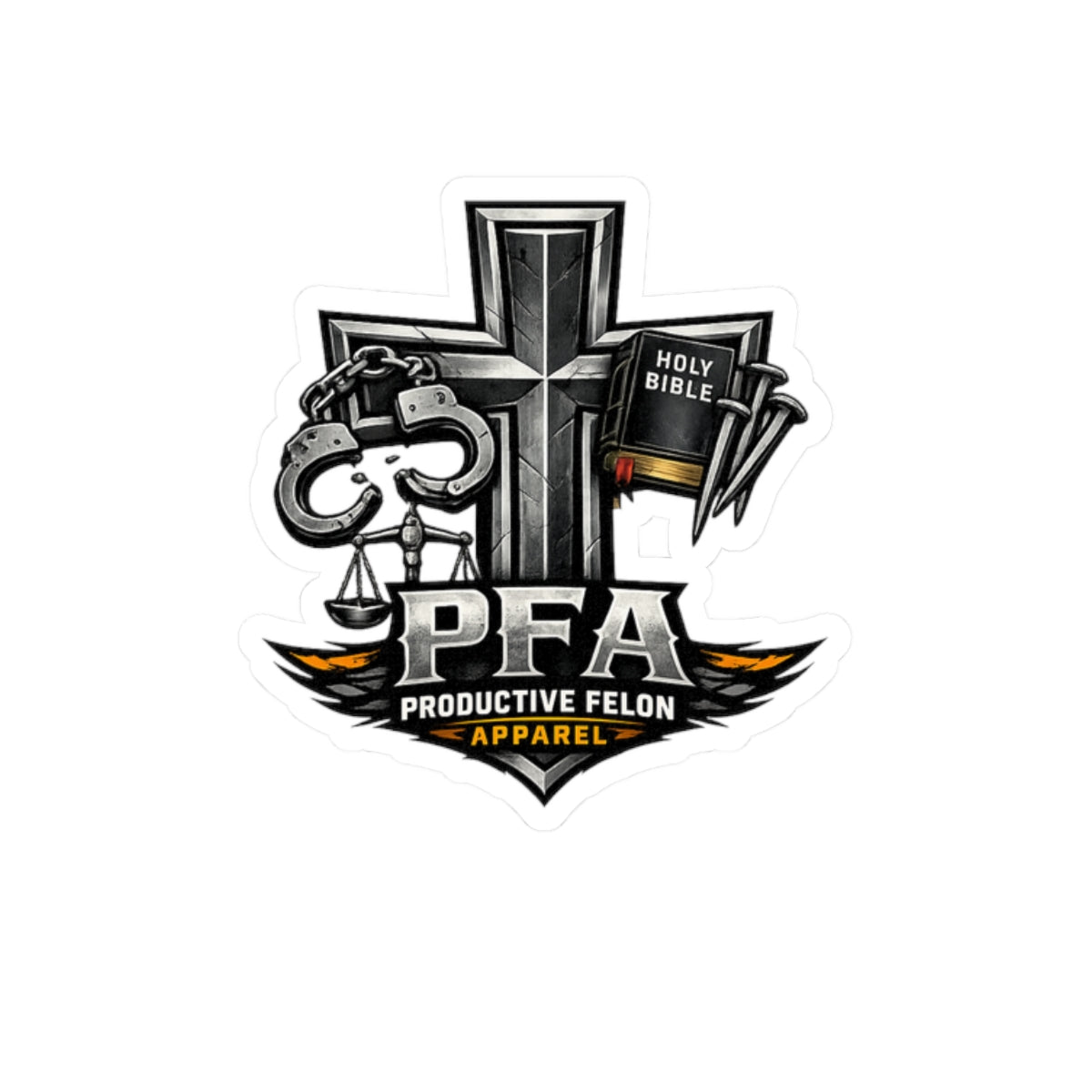 Productive Felon Apparel Sticker — Religious Cross, Handcuffs & Holy Bible Kiss-Cut Sticker