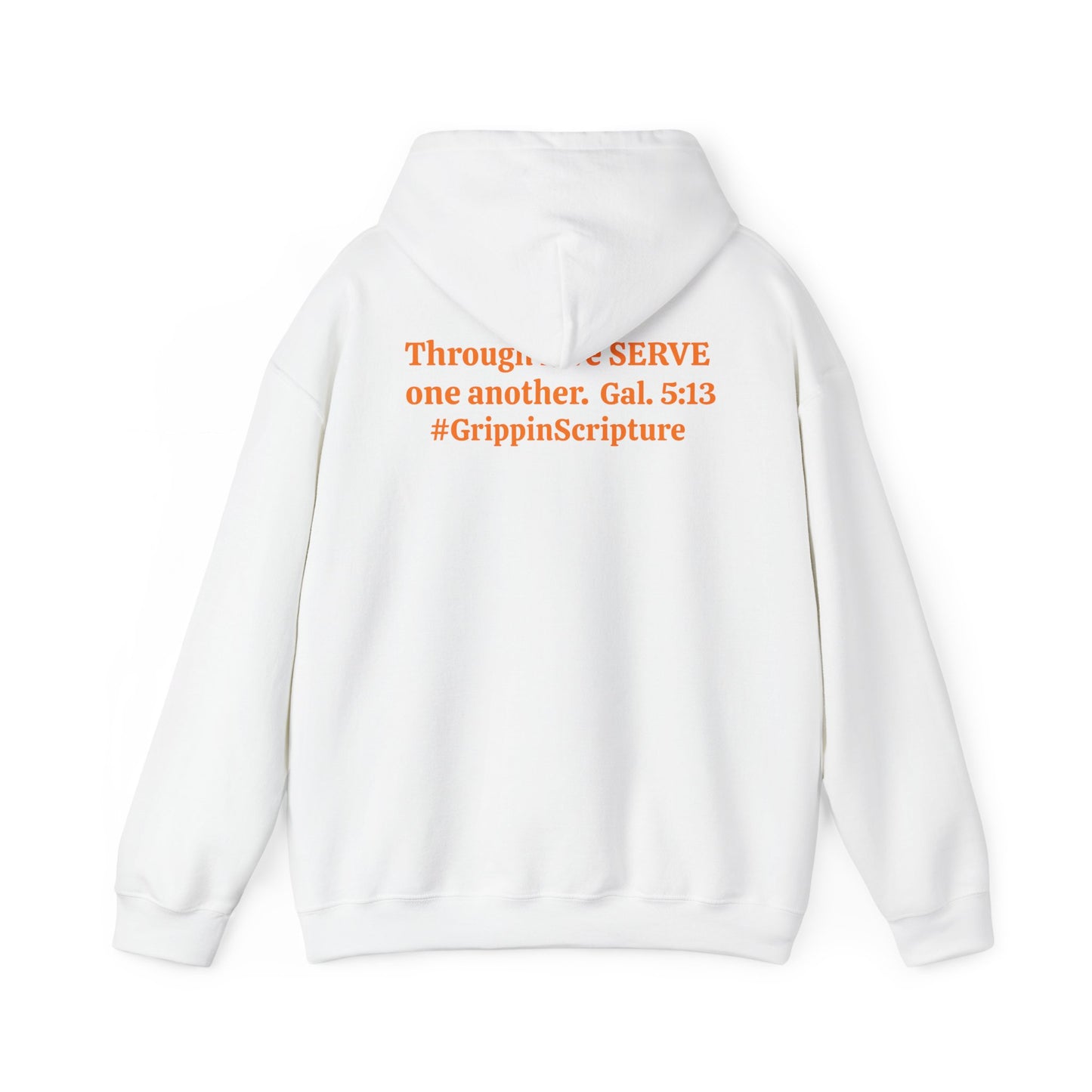 Serve Hoodie — "SERVE" Orange Text Christian Inspirational Sweatshirt (Galatians 5:13 Back)