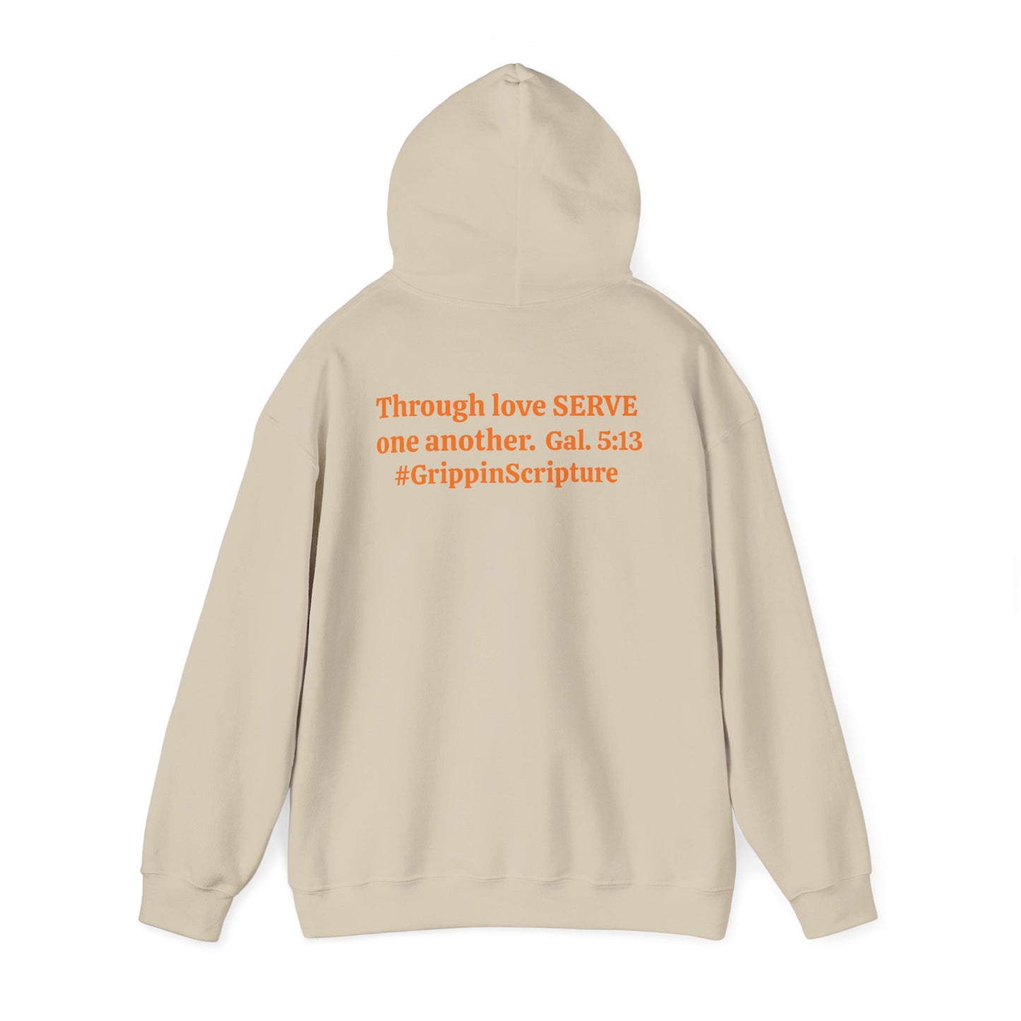 Serve Hoodie — "SERVE" Orange Text Christian Inspirational Sweatshirt (Galatians 5:13 Back)