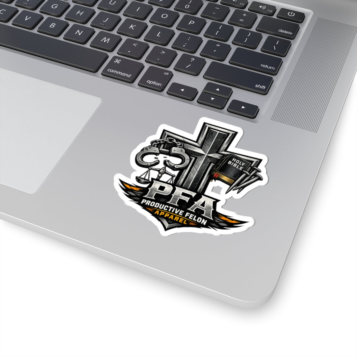 Productive Felon Apparel Sticker — Religious Cross, Handcuffs & Holy Bible Kiss-Cut Sticker