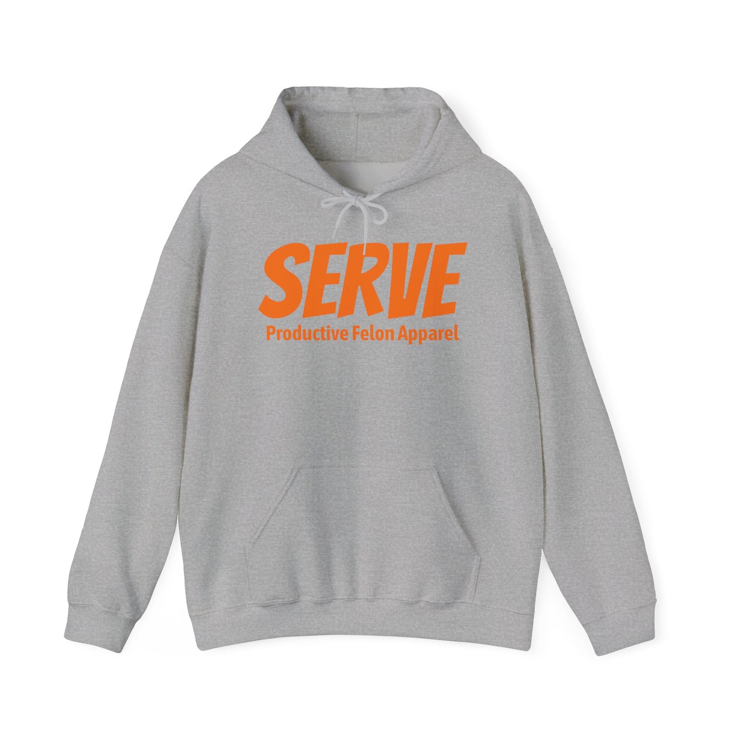 Serve Hoodie — "SERVE" Orange Text Christian Inspirational Sweatshirt (Galatians 5:13 Back)