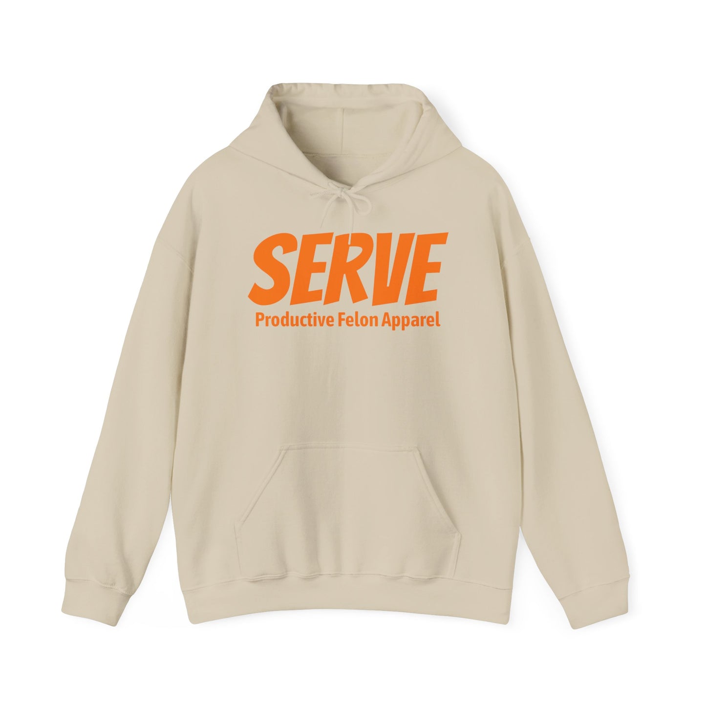 Serve Hoodie — "SERVE" Orange Text Christian Inspirational Sweatshirt (Galatians 5:13 Back)